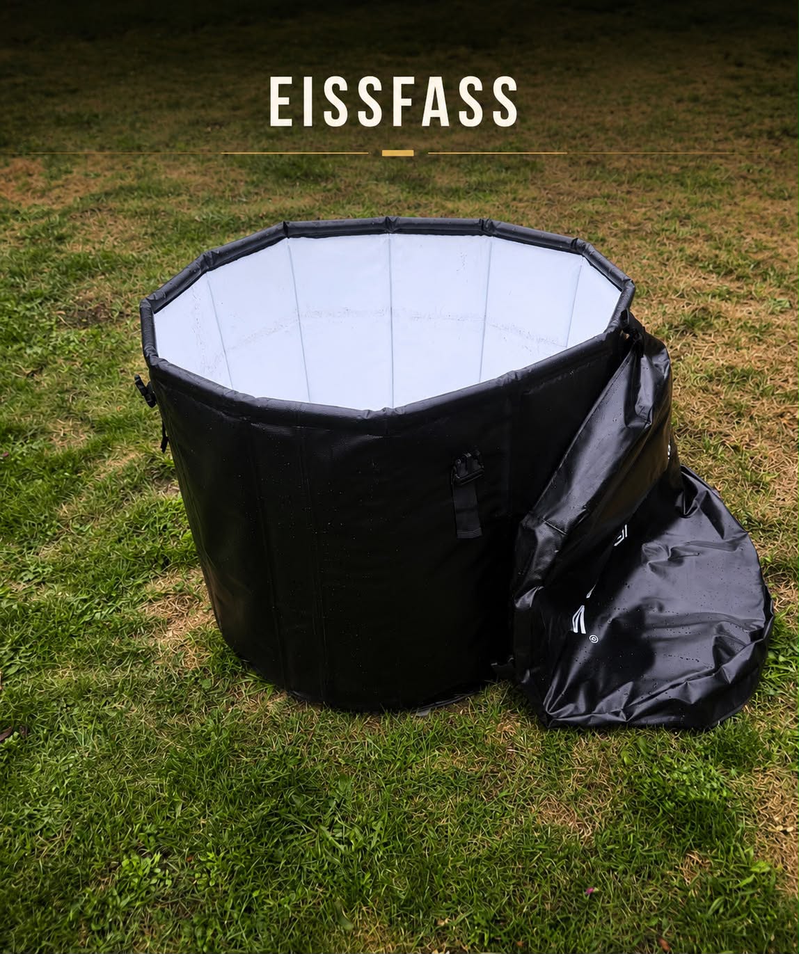 Schwarzes faltbares Eisfass auf Rasen