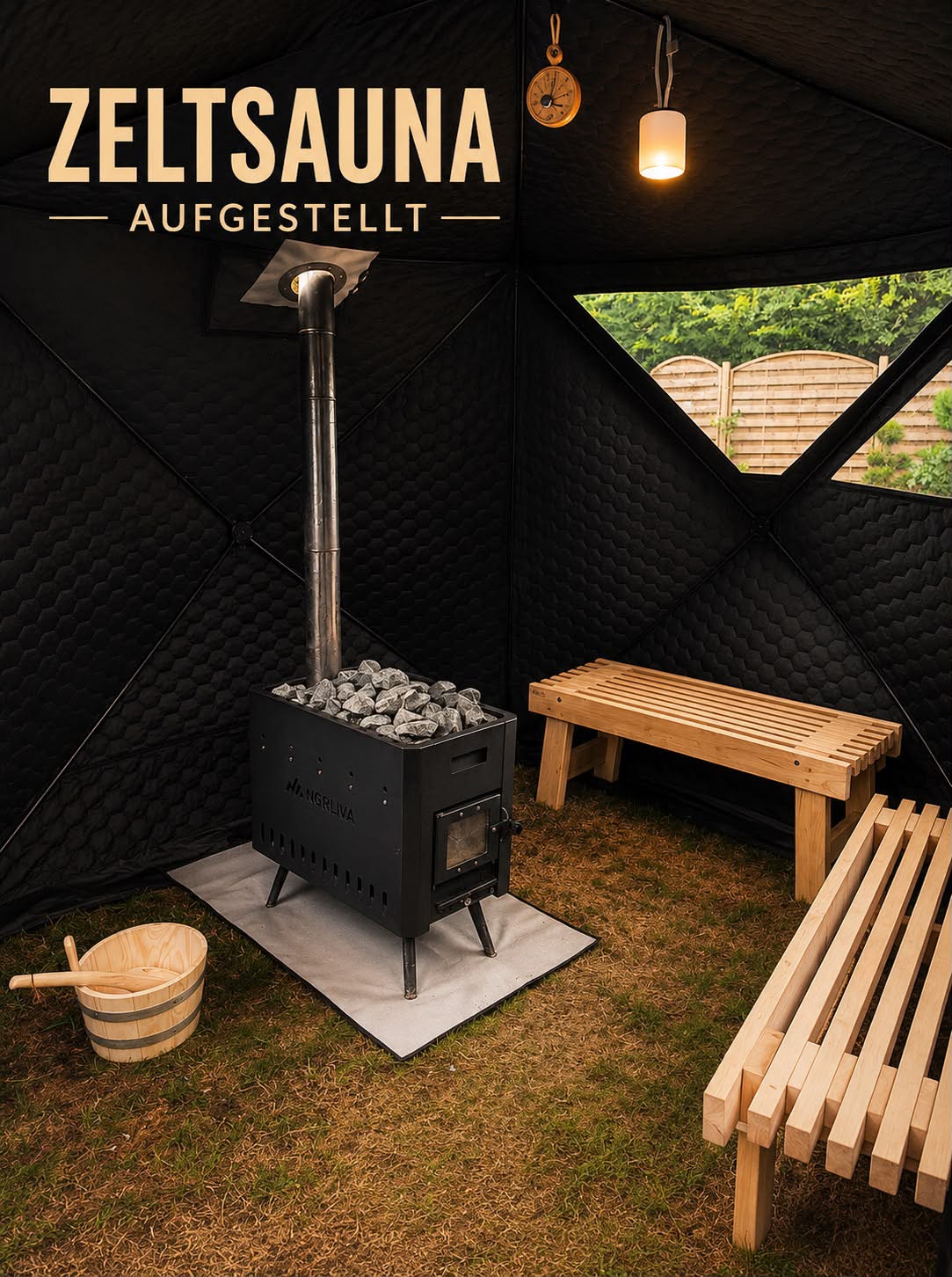Aufgebaute Zeltsauna mit Holzofen, zwei Bänken und Saunakübel