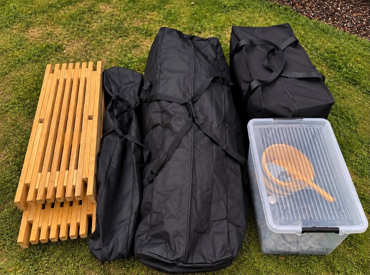 Komplette Saunaausstattung für das Standardpaket: Zeltpacksack, Ofentasche, zusammenklappbare Saunabank und Kiste mit Saunasteinen, Eimer und Kelle, auf dem Rasen ausgelegt